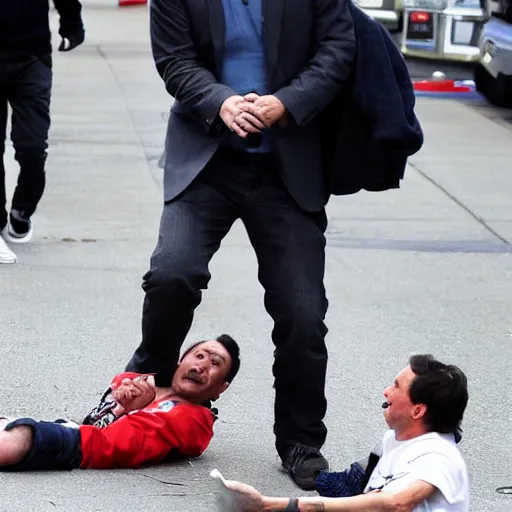 Image similar to paparazzi photo of Jimmy Fallon kicking a homeless person