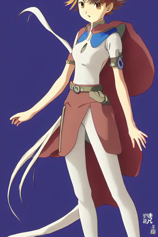 Image similar to anime art full body portrait character nausicaa by hayao miyazaki concept art, anime key visual of elegant young female, short brown hair and large eyes, finely detailed perfect face delicate features directed gaze, valley of the wind and mountains background, trending on pixiv fanbox, studio ghibli, extremely high quality artwork by kushart krenz cute sparkling eyes