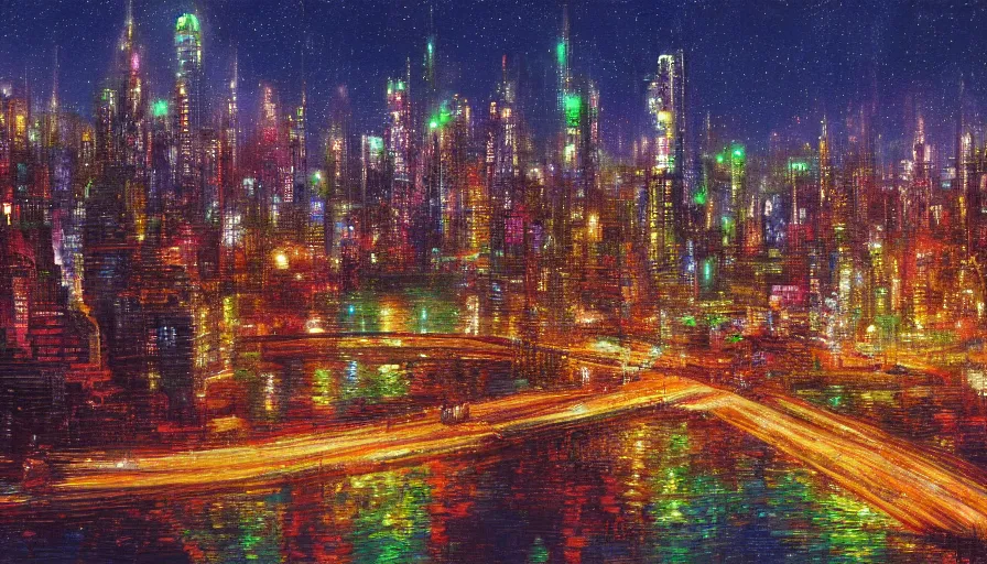 Image similar to a cityscape at night made of sapphires, emeralds, and rubies, matte art, 4k