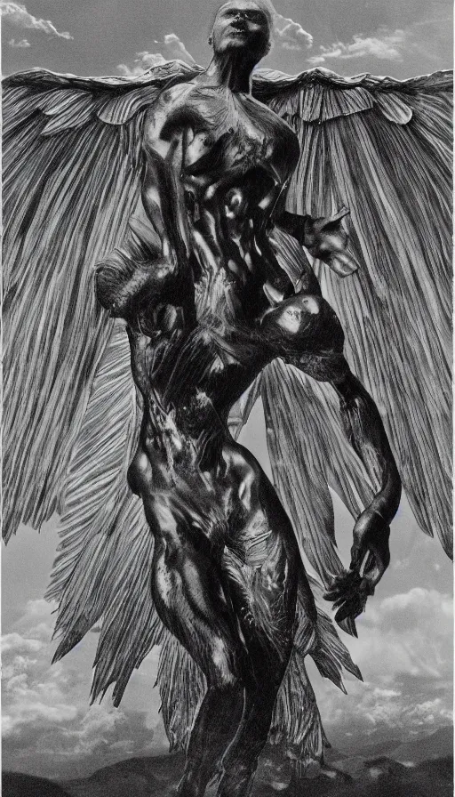 Image similar to manananggal upper torso flying above village, eerie silver engraving, high contrast