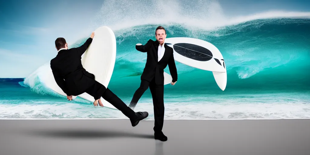 Image similar to full body portrait, white man in black suit surfs in office, ocean wave, furniture around, business surrounding, dslr, insane details, hyper reallistic, 8 k,, ultra clear detail, hdr, textured, award winning, professional photography