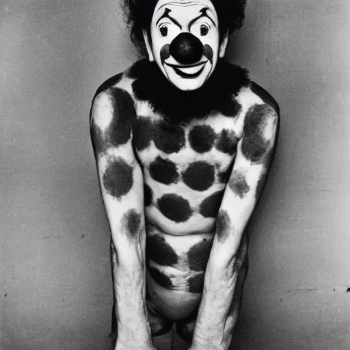 Image similar to portrait of clown by diane arbus, black and white photography