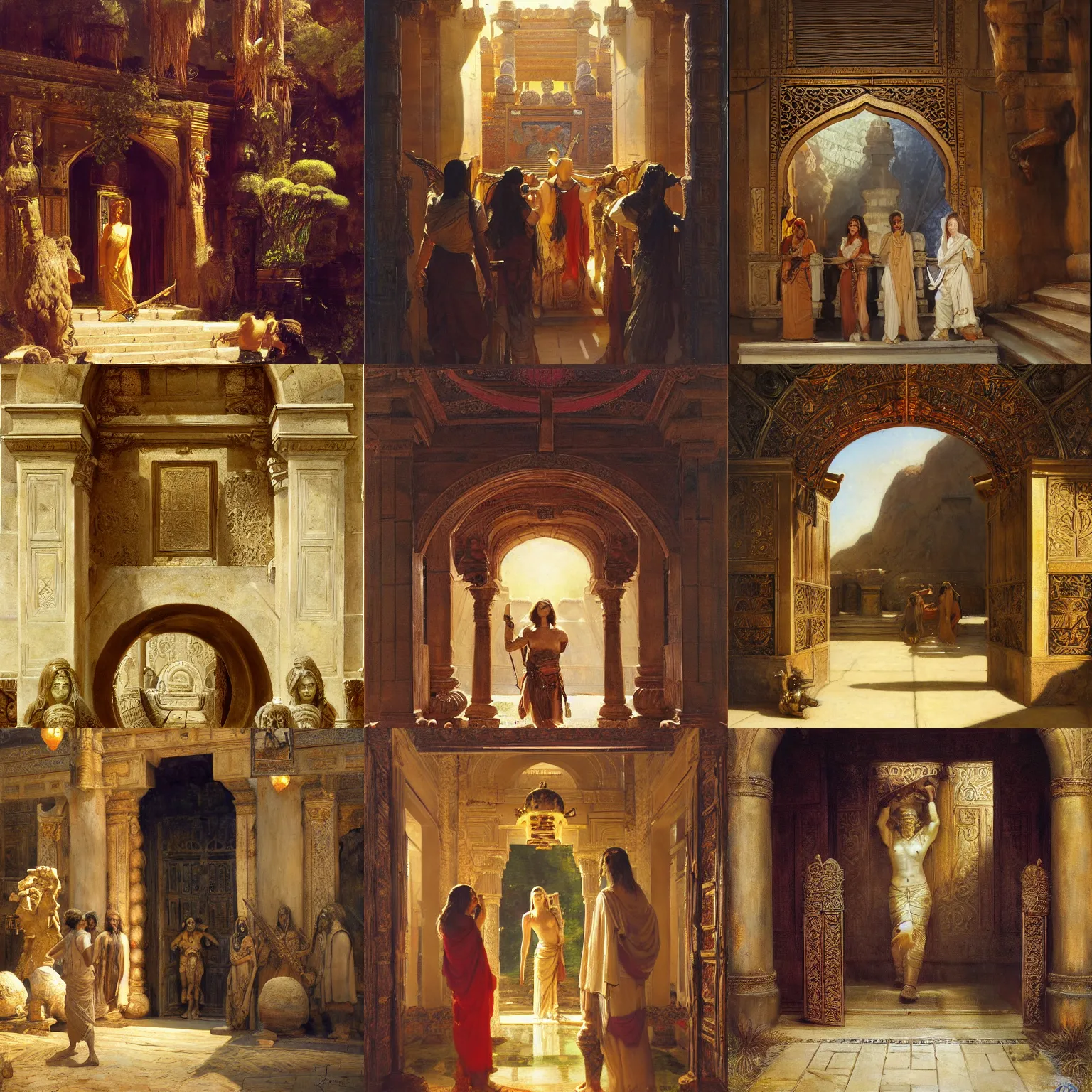 Prompt: portal leading into the temple orientalism by theodore ralli and nasreddine dinet and anders zorn and edwin longsden long, bronze age, sword and sorcery, oil on canvas, masterful intricate artwork, excellent lighting, high detail 8 k