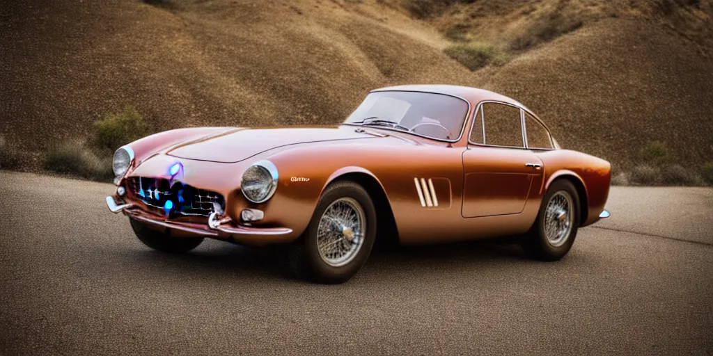 Image similar to photograph, 1958 FERRARI 250 GT, copper paint, by Peter Singhof, press release, cinematic, malibu canyon, 8k, depth of field, bokeh. rule of thirds