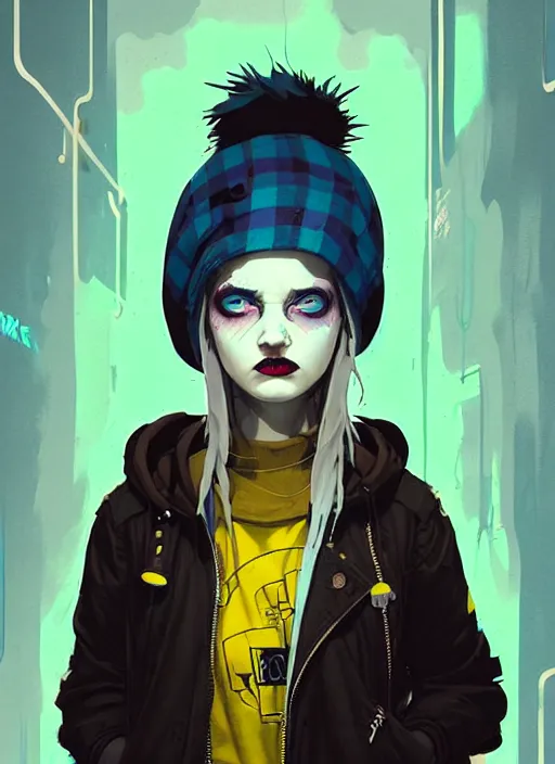 Image similar to highly detailed portrait of a sewer punk lady student, blue eyes, tartan hoody, hat, white hair by atey ghailan, by greg rutkowski, by greg tocchini, by james gilleard, by joe fenton, by kaethe butcher, gradient yellow, black, brown and cyan color scheme, grunge aesthetic!!! ( ( graffiti tag wall