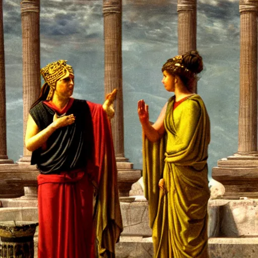 Image similar to the female oracle in delphi giving a prophecy to the king of thera, 6 3 0 bc