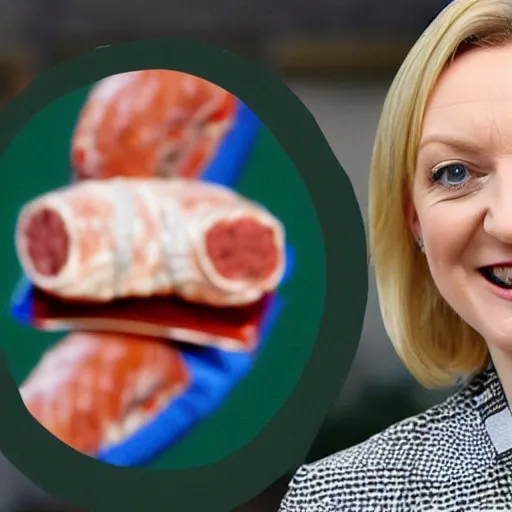 Image similar to liz truss wrapped in sausages