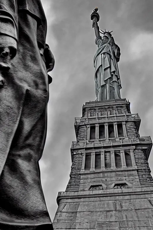 Image similar to ultra wide angle shot of an impossibly tall guillotine, next to the statue of liberty, surrealism, in the style of terry gilliam