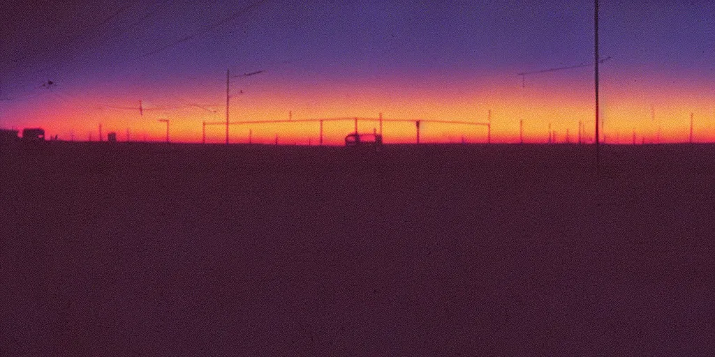 Image similar to an infinitely long greyhound bus never ending, sunset, eerie vibe, leica, 2 4 mm lens, cinematic screenshot from the 2 0 0 1 surrealist film directed by charlie kaufman, kodak color film stock, f / 2 2, 2 4 mm wide angle anamorphic