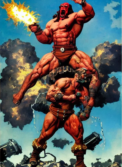 Prompt: full body and head portrait of enormous muscular hellboy wearing tattered trench coat, explosion and debris in the background, dynamic action, painted by norman rockwell and phil hale and greg staples and tom lovell and frank schoonover and jack kirby, movie