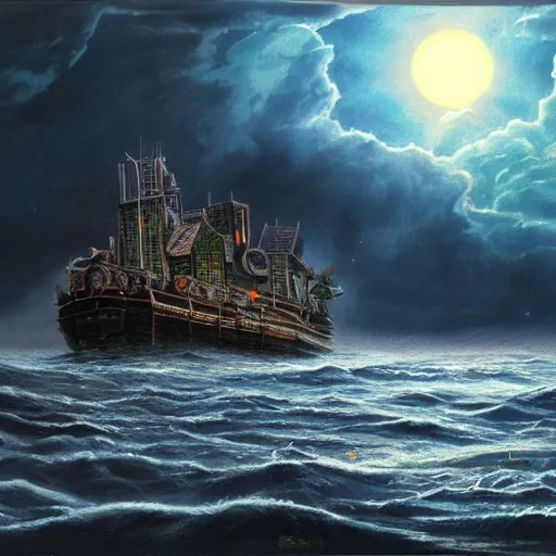 Image similar to breathtaking detailed concept art painting of noah's ark sailing across the flooded earth, sun half covered by dark clouds
