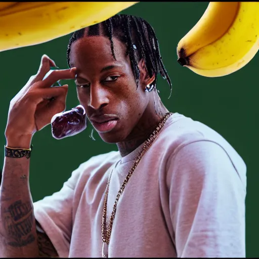 Prompt: travis scott riding a banana, realistic, sharp focus, ultra high details, 8 k, hd, sharp, detailed face