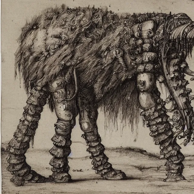 Image similar to a detailed, intricate drawing of a heavily armored mammoth on a beach, by albrecht durer