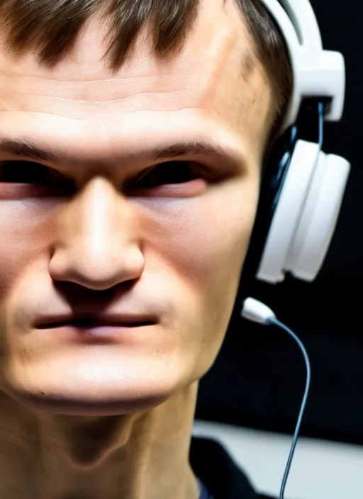 Image similar to perfect symmetric face, coherent eyes. vitalik buterin in headphones. vitalik buterin, close up, high detail, very sharp, 4 k, hayao miyazaki