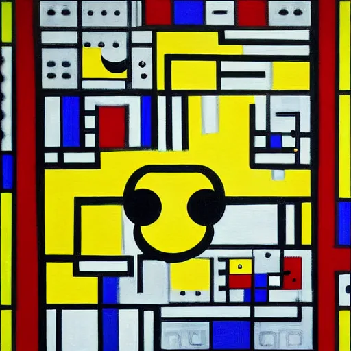 Prompt: a painting of pac - man!! being chased by 4 ghosts art by mondrian