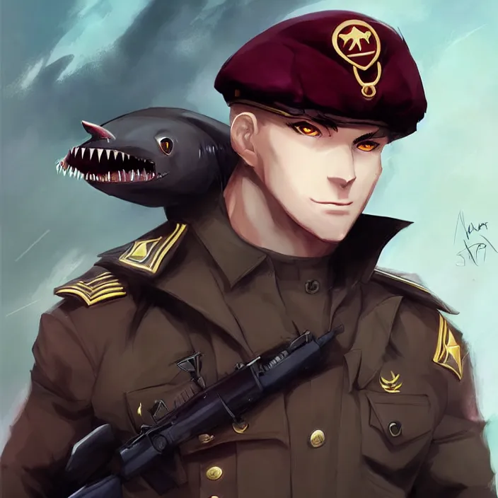 Prompt: beautiful portrait commission of a male furry anthro!!! bat shark wearing military clothes and a maroon beret. Active Warzone with explosions Atmospheric. Character design by charlie bowater, ross tran, artgerm, and makoto shinkai, detailed, inked, western comic book art