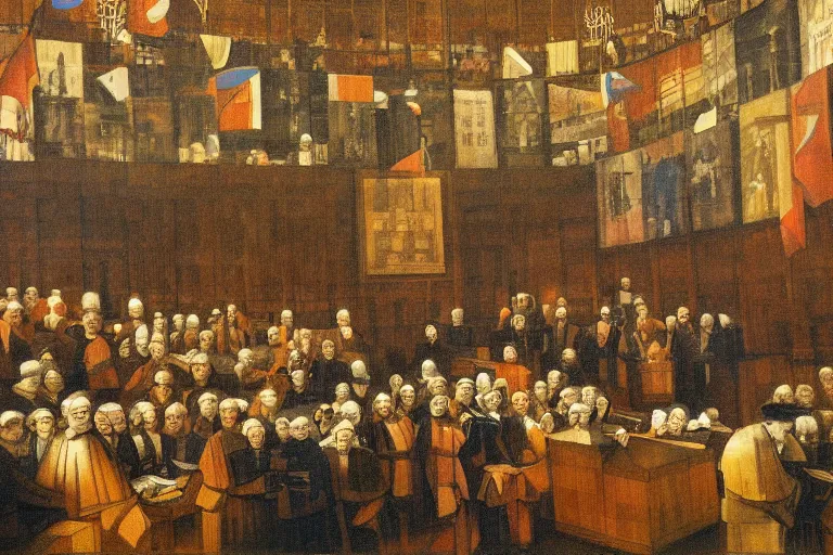 Prompt: beautiful digital painting of a trial in the international court of justice in the hague, by rembrandt and jean metzinger, mix of styles, abstract, golden ratio, masterpiece, highly detailed, intricate, architecture, portrait, flags of the world