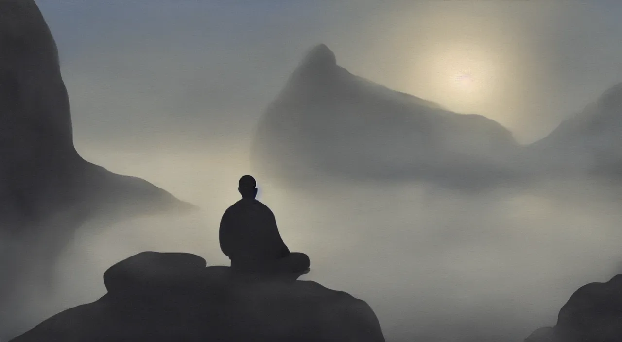 Image similar to a lonely silhouette of a meditating monk sitting in the fog on a stone protruding from the water in the rays of the morning sun, the focus of the camera on the monk, painted with large strokes of oil paints.