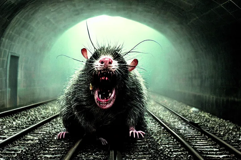 Image similar to very large giant mutant zombie irradiated ( angry rat ) staying on railways in tonnel of moscow subway. tonnel, railways, giant angry rat, furr, fangs, claws, very realistic. fog, extreme long shot, herman nitsch, giger.