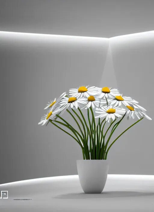 Image similar to bright white zen livingroom with walls made of smooth daisies by zaha hadid, up close shot, sharp focus, global illumination, radiant light, irakli nadar, octane highly render, 4 k, ultra hd,