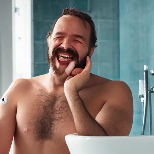 Prompt: photo of a smiling man looking at the viewer embarrassed because he was caught in the bath with an octopus doing god knows what, highly detailed, facial accuracy, 4 k