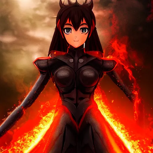 Image similar to portrait focus of demon beautiful 3D anime girl, Molten lava armor wearing, dark volcano background, ash falling, bokeh, inspired by Masami Kurumada, digital painting, high contrast, unreal engine render, volumetric lighting, high détail