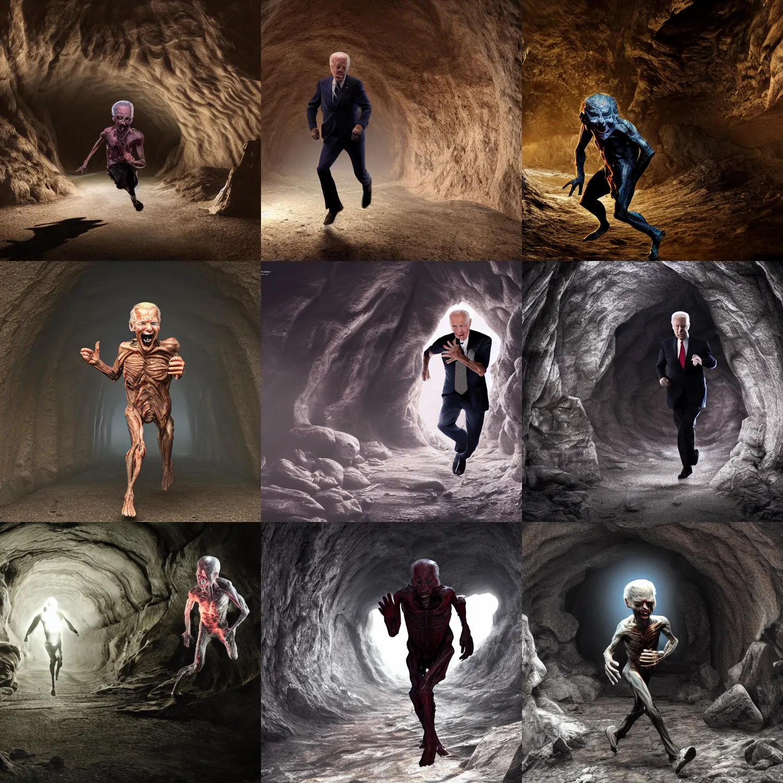 Prompt: demonic warped flesh alien Joe Biden sprints inside an eerie cave, photorealism, uhd, 8k octane render, scary, eerie, realistic, wide shot, full shot, dramatic shot,