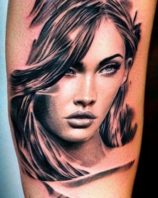 Image similar to double exposure effect tattoo design sketch of a megan fox portrait blended with beautiful mountain scenery, surreal, in the style of matteo pasqualin, amazing detail, sharp