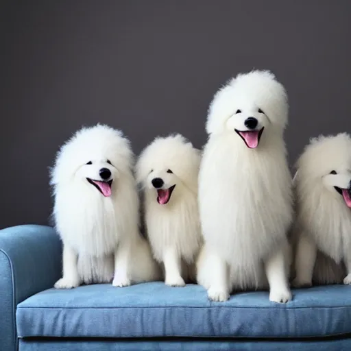 Image similar to realistic, sharp, several white and fluffy samoyeds sitting on the couch wearing birthday hats and smiling to you, happy, cute