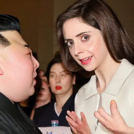 Image similar to close up shot of alison brie engaging peace talks with kim jong un at the slough corn exchange. photography, photographic