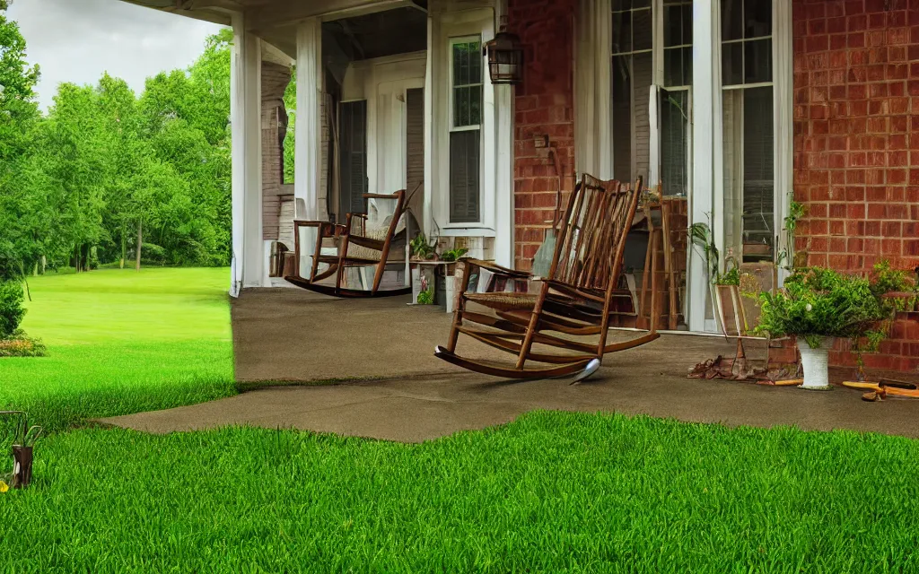 Prompt: point of view from the porch of a house, rocking chair, rain, grass photo realistic