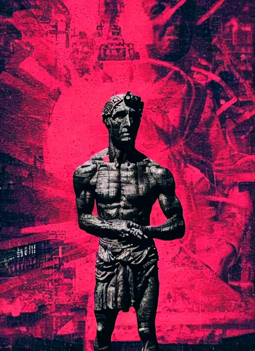 Image similar to black background with subtle red and purple design elements, statue of julius caesar, nekro, collage art, thin lines, dark, glitch art, neo vaporwave, gritty, layout frame, trending on artstation