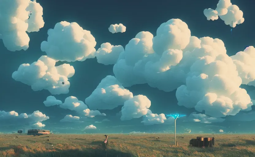 Prompt: “Puffy cloudscape, Low level, rendered by Beeple, Makoto Shinkai, syd meade, simon stålenhag, environment concept, synthwave style, digital art, unreal engine, WLOP, trending on ArtStation, 4K UHD, image, octane render”