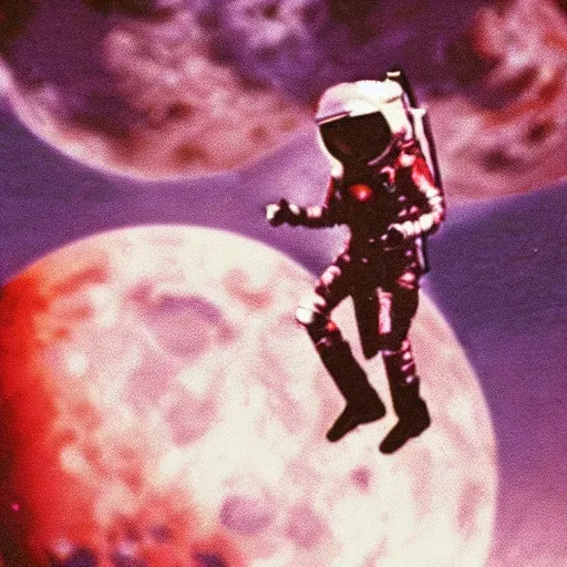 Image similar to vintage polaroid of barbarella on the surface of the moon landing, detailed clouds, warm azure tones, red color bleed, film grain