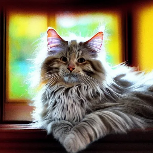 Prompt: portrait cream color maine coon cat curled up, bay window sofa, 8K, 4K, digital art, photoshop, sumi-e, palette knife, oversaturated lens flair, bokeh, sunbeam