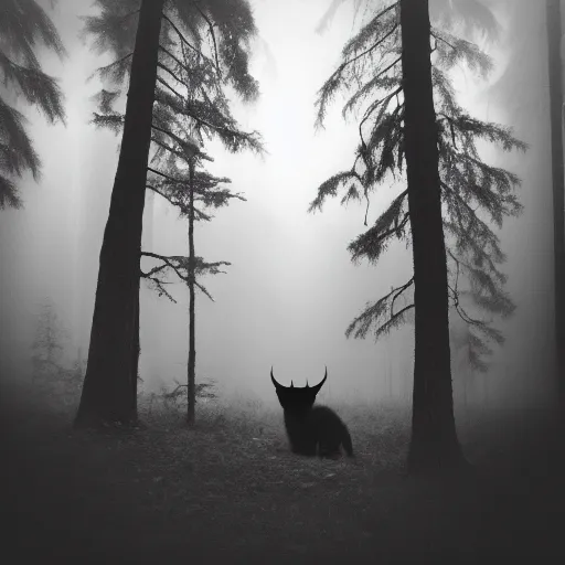 Image similar to misty forest with big black fluffy demon in the center, monochrome lomography