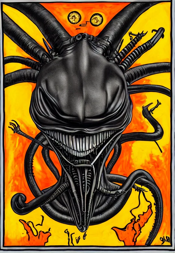 Prompt: one famous person, simple, simplicity, subgenius, x - day, weird stuff, occult stuff, knives, giger ’ s xenomorph, illuminati, bright colors, hyperrealism, studio lighting