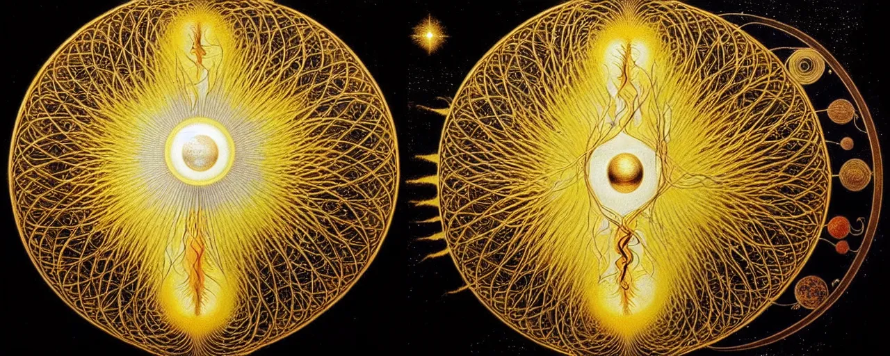 Image similar to a golden child radiates a unique canto'as above so below'while being ignited by the spirit of haeckel and robert fludd, breakthrough is iminent, glory be to the magic within, in honor of saturn, painted by ronny khalil