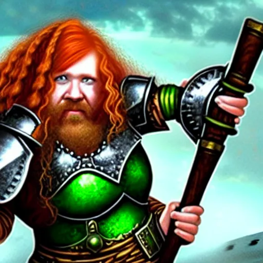 Image similar to dwarven woman, ginger hair, green eyes, holding hammer and shield with plate armour