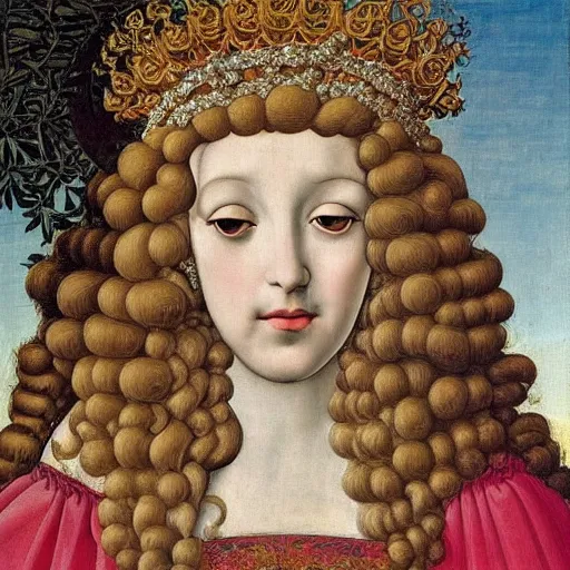 Image similar to portrait of a white poodle with curly white fur and curly white hair as an italian queen, painting by botticelli, 1 4 8 0 s