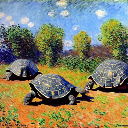 Image similar to tortoises next to artillery guns by claude monet