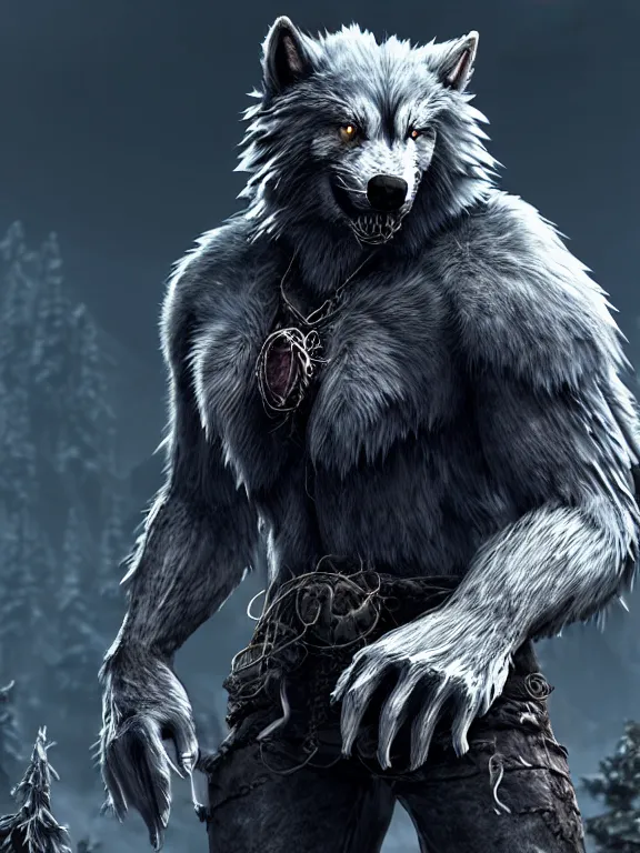 Image similar to cute handsome cuddly werewolf from van helsing unreal engine hyperreallistic render 8k character concept art masterpiece screenshot from the video game the Elder Scrolls V: Skyrim