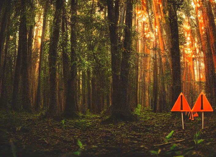 Image similar to a few orange safety cones in a beautiful strange forest, cinematic, atomspheric lighting, detailed by james jean, 2 4 mm lens, surreal