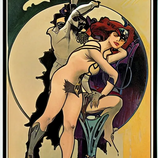 Image similar to portrait of catwoman and batman by Alphonse Mucha