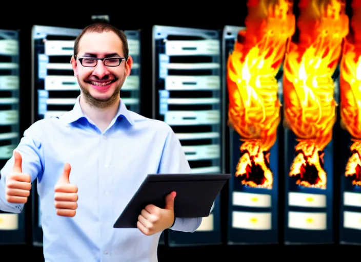 Image similar to A system administrator doing a thumb up to the camera in front on burning servers, servers in flames, happy system administrator doing a thumb up, uncropped, full body
