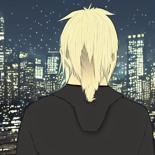 Prompt: a blonde man with a ponytail wearing black clothes wanders through a city at night, anime, 4k