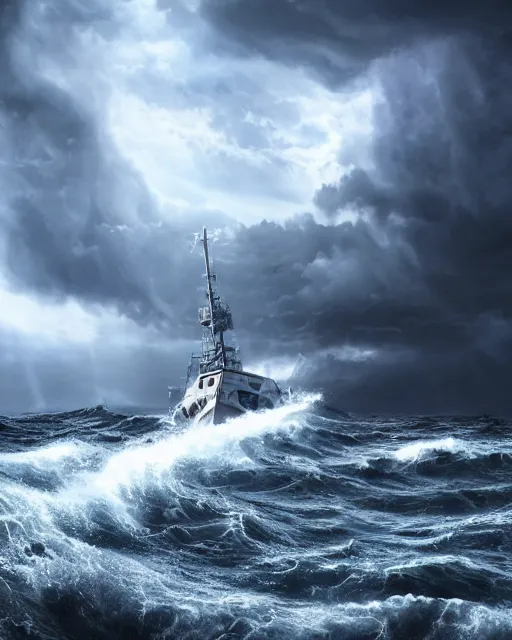 Image similar to establishing shot of a fishing boat on stormy seas, a gigantic star destroyer spaceship in the storm clouds flying overhead, stormy weather, dramatic lighting, unreal engine, hyper realism, realistic shading, cinematic composition, realistic render, octane render, detailed textures, photorealistic, ultrawide shot, 16mm lens