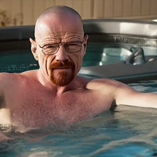 Prompt: photo of walter white relaxing in hot tub with martini