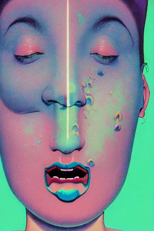 Prompt: a colorful vibrant closeup portrait of a woman in 8 0 s makeup licking a tab of lsd acid on his tongue and dreaming psychedelic hallucinations, by kawase hasui, moebius, edward hopper and james gilleard, zdzislaw beksinski, steven outram colorful flat surreal design, hd, 8 k, artstation