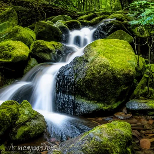 Prompt: A hidden waterfall, tucked away in a secluded forest, with the sound of the water cascading down the rocks, in a peaceful and calming style.